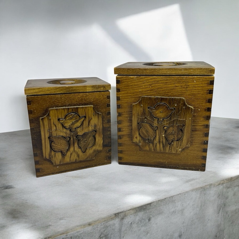 Vintage 1976 Sears Roebuck Wood Canister Set Floral Relief Made in Japan 2pc